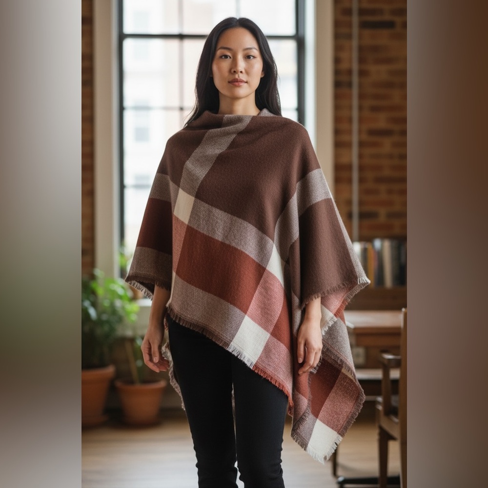 Large Brown, White & Burgundy Plaid Shawl
